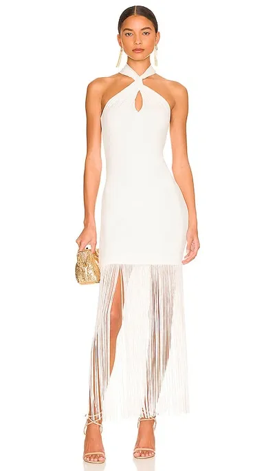 Alice And Olivia Steph Twist Halter Neckline Fringe Maxi Dress In Off White