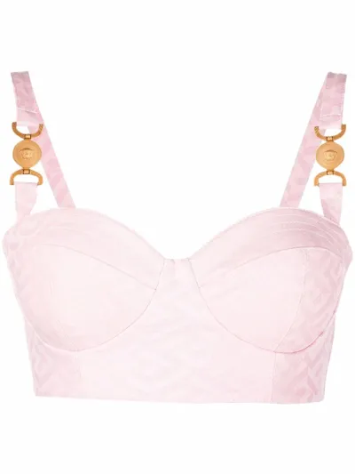 Versace Monogram-print Denim Bustier Crop Top In Rosa & Nero