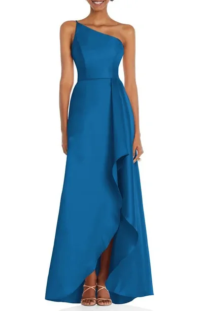 Alfred Sung Draped-front One-shoulder Satin Gown In Classic Blue