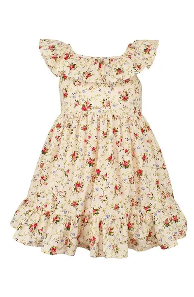 Popatu Kids' Floral Print Flutter Sleeve Ruffle Dress In Peach Multi