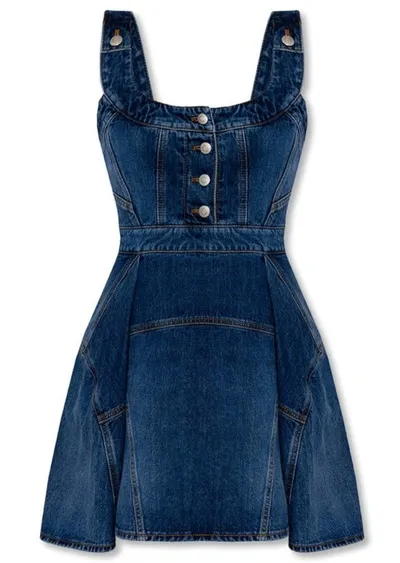 Alexander Mcqueen Scoop-neck Flared Denim Mini Dress In Blue