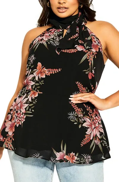 City Chic Floral Tie Neck Sleeveless Peplum Top In Gypsy Floral