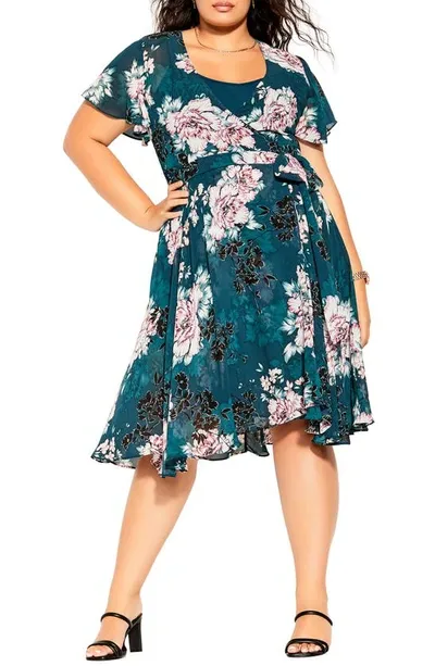 City Chic Blossom Wrap Dress In Jade Blossom