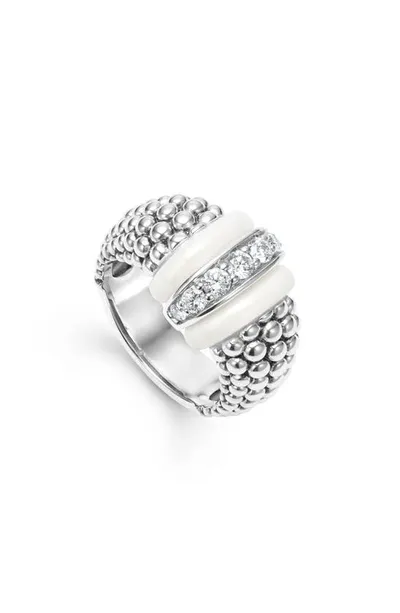 Lagos White Caviar White Ceramic Diamond Large 1-link Ring In Ss Wht