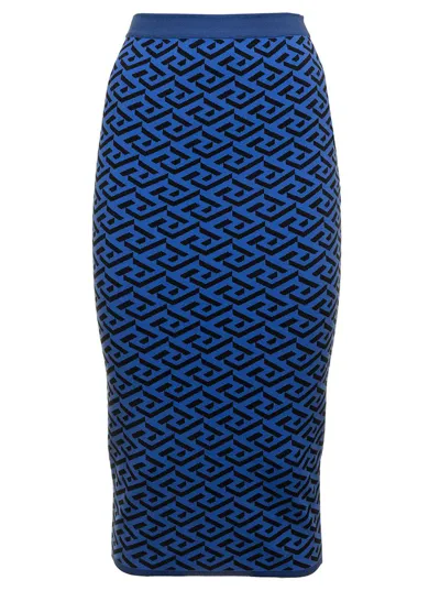 Versace La Greca Pattern Knitted Skirt In Blue