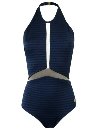 Brigitte Sheer Panel Halterneck Swimsuit In Blue