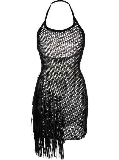 Alyx Fringe-trim Crochet-knit Mini Dress In Black