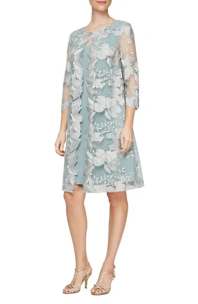 Alex Evenings Embroidered Mock Jacket Cocktail Dress In Ice Sage