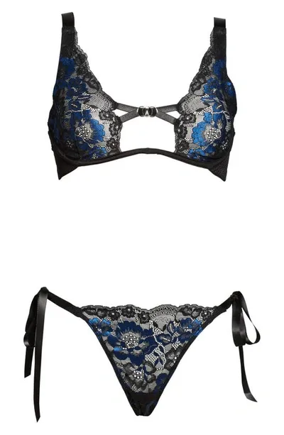 Coquette Floral Lace Underwire Bra And Side Tie Panties In Black