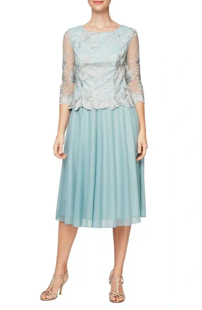 Alex Evenings Illusion Sleeve Embroidered Midi Dress In Ice Sage