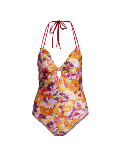 Zimmermann Violet Knotted Floral-print Halterneck Swimsuit In Mustard Multi Floral