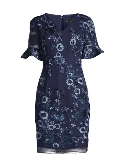 Shani Floral Embellished V-neck Sheath Dress In Navy