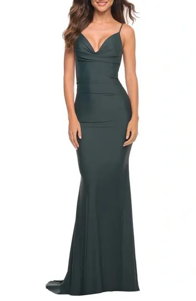 La Femme Drape Nck Long Jersey Dress In Dark Emerald