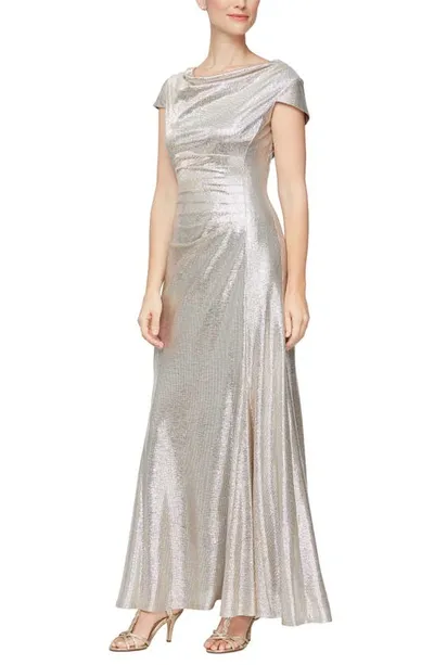 Alex Evenings Metallic Cap Sleeve A-line Gown In Champagne