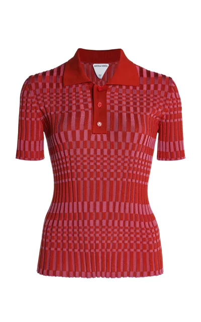 Bottega Veneta Check Striped Silk Rib Polo Shirt In Red