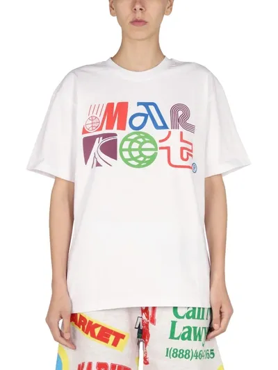 Market Logo Print T-shirt  Unisex In White