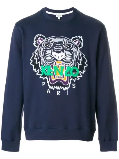 Kenzo Tiger Embroidered Cotton Sweatshirt In Navy