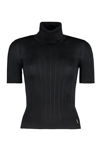 Saint Laurent Rib Short-sleeve Silk Turtleneck Sweater In Noir