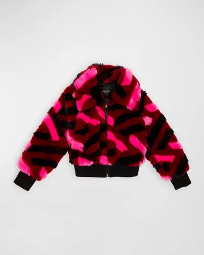 Versace Monogram Print Faux Fur Bomber Jacket In Multicolor