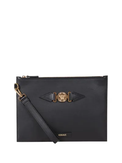 Versace Logo Plaque Zipped Clutch Bag In Black