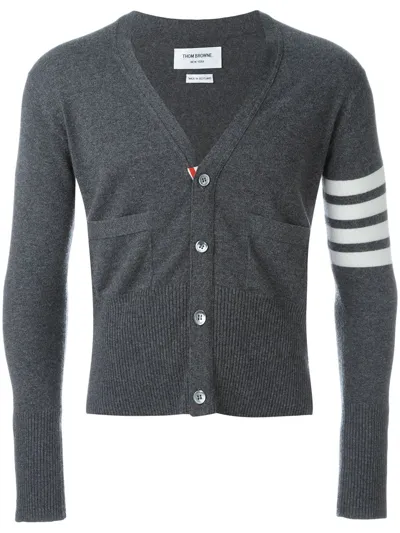 Thom Browne Short V-neck Cardigan With 4-bar Stripe In Medium Grey Cashmere