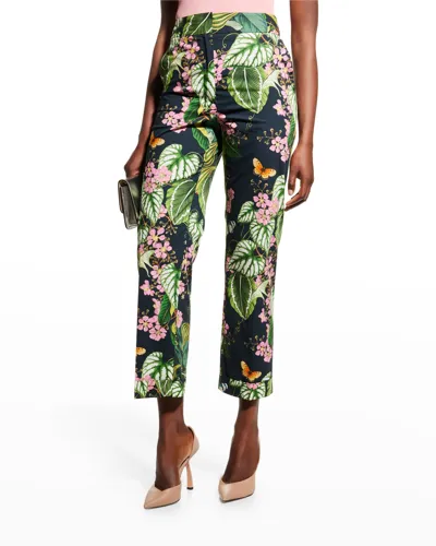 Oscar De La Renta Women's Mixed Botanical Skinny Cotton Poplin Pant In Navy Multi