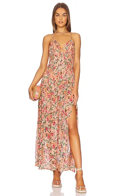 Astr Tropics Dress In Peach Fuchsia Floral