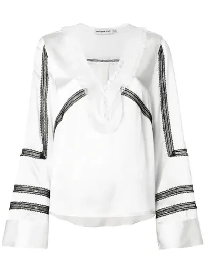 Self-portrait Monochrome Trimmed Long-sleeve Satin Shirt In White