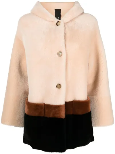 Blancha Colour-block Hooded Fur Coat In Brown