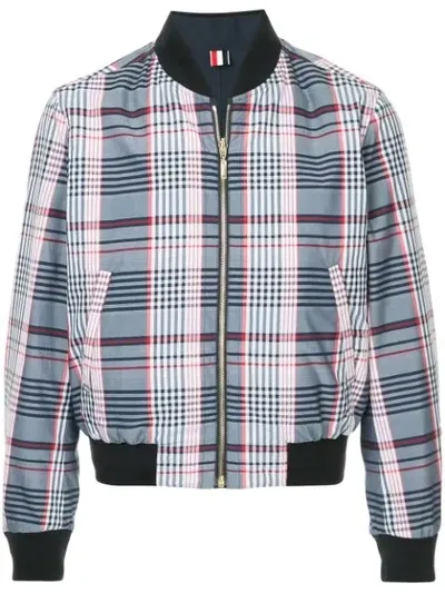 Thom Browne Reversible Blouson Zip Front Ribbed Jacket In Large Madras Check Poplin In Blue