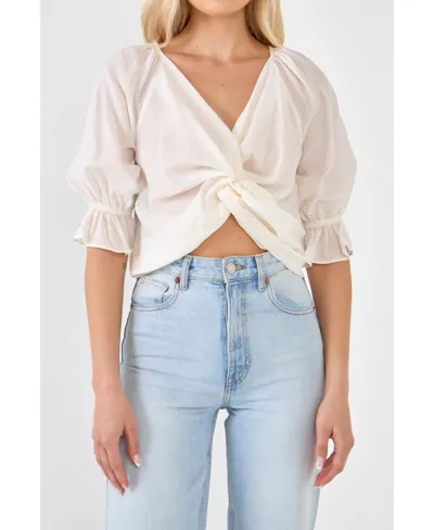 Endless Rose Front Twisted Puff Sleeve Top In White