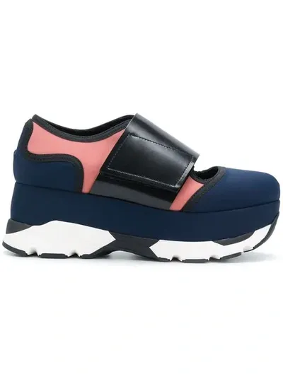 Marni 80mm Neoprene & Leather Wedge Sneakers In Dark Blue