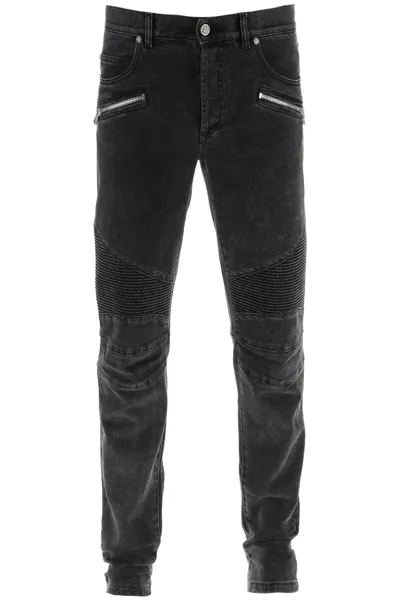 Balmain Tapered Biker Jeans In Black