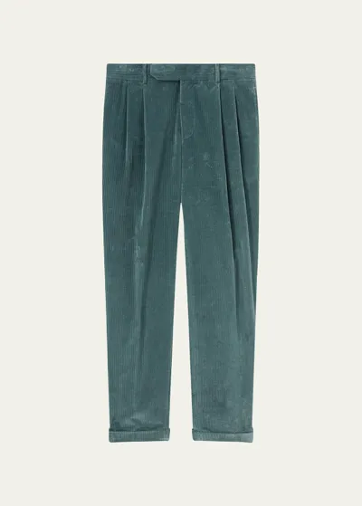 Loro Piana Straight-leg Pleated Cotton-blend Corduroy Trousers In Hunter