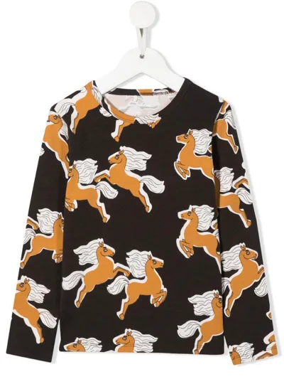 Mini Rodini Brown T-shirt For Kids With Horses In Nero