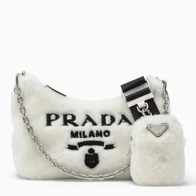 Prada White Fur Re-edition Shoulder Bag With Logo