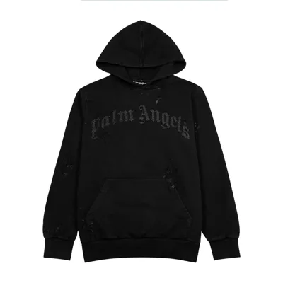 Palm Angels Black Glitter-logo Distressed Hooded Cotton Sweatshirt