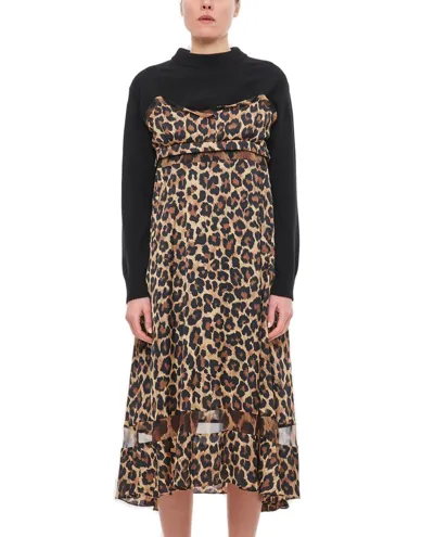 Sacai Leopard-print Wool Dress In Beige