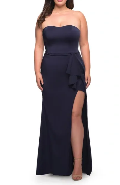 La Femme Ruffle Strapless Dress In Navy