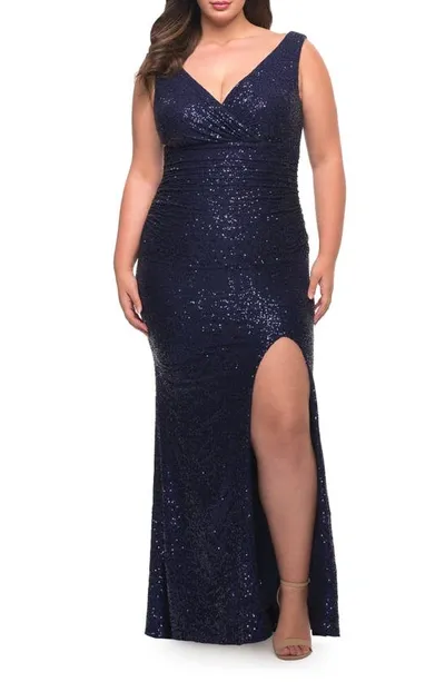 La Femme Stretch Sequin Gown In Navy