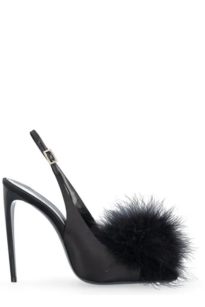 Saint Laurent Mae Feather Slingback Cocktail Sandals In Nero