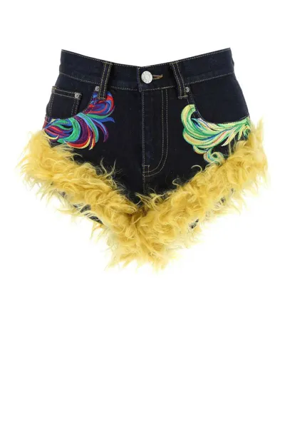 Area Mohar Fur Trim Hot Denim Shorts In Blue