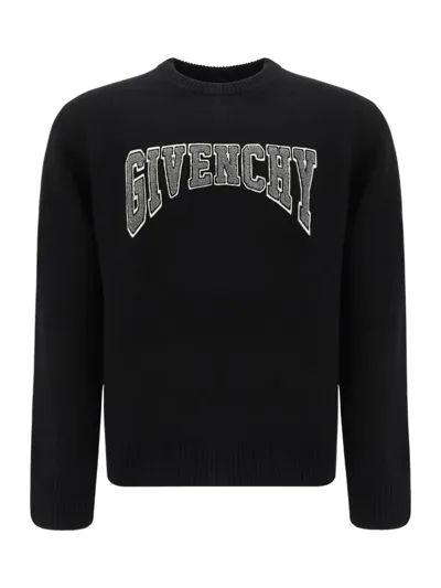 Givenchy Flocked Logo Crewneck Knit Jumper In Black Natural