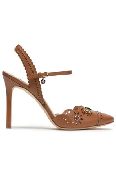 Tory Burch Floral-appliquéd Scalloped Leather Sandals In Camel