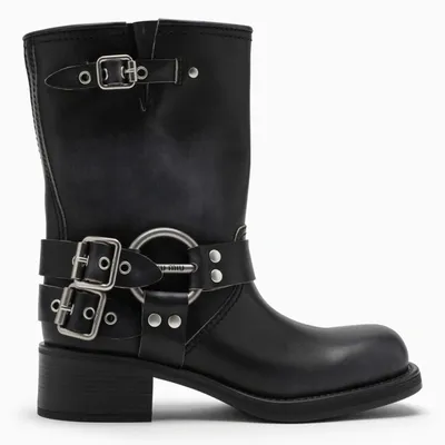 Miu Miu Black Leather Biker Boot In Nero