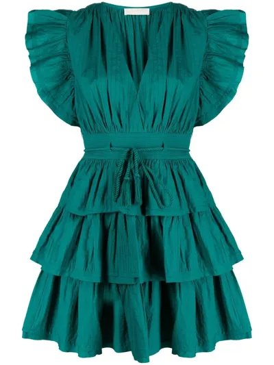 Ulla Johnson Camilla Gathered Tiered-skirt Mini Dress In Verdigris