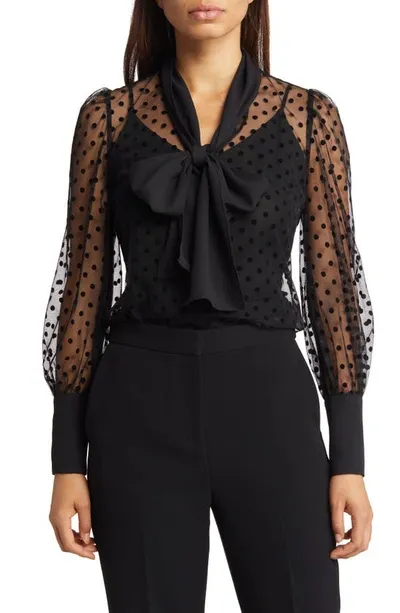 Anne Klein Flocked Dot Tie Front Blouse In Anne Black