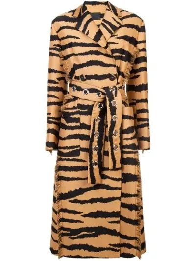 Proenza Schouler Wrap Button-front Belted Tiger-jacquard Long Coat W/ Fringe In Animal