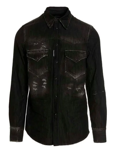 Dsquared2 Distressed-finish Denim Shirt In Black