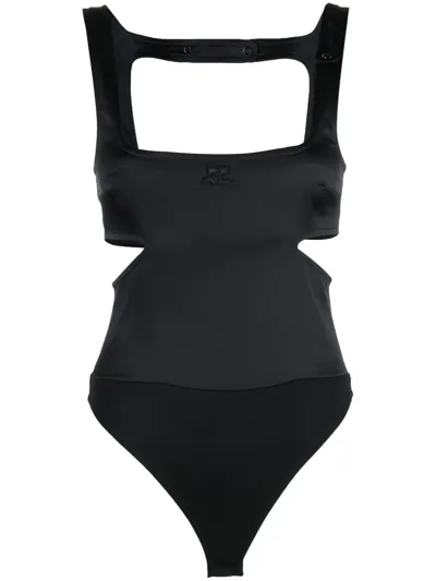 Courrèges Logo Cutout Satin Bodysuit In Black